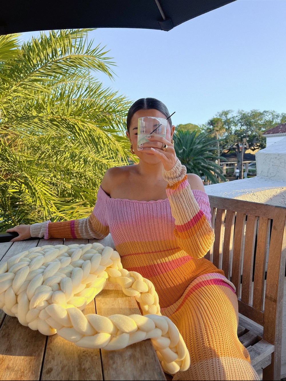 Peppermayo Pink and Orange Striped Off-Shoulder Knit Dress